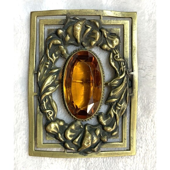 Antique Art Nouveau Brass Sash Pin Amber Glass Stone Open C Clasp 1910s Brooch - Picture 1 of 13